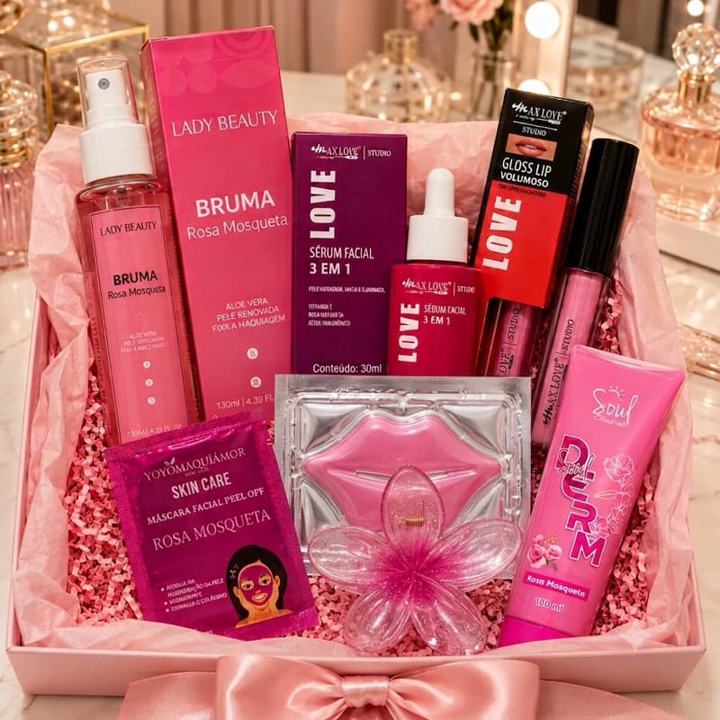 Kit Skincare Completo Ritual de beleza Banho Premium Presente com Bruma+ Sérum Sabonete liquido Gloss  Spa em Casa