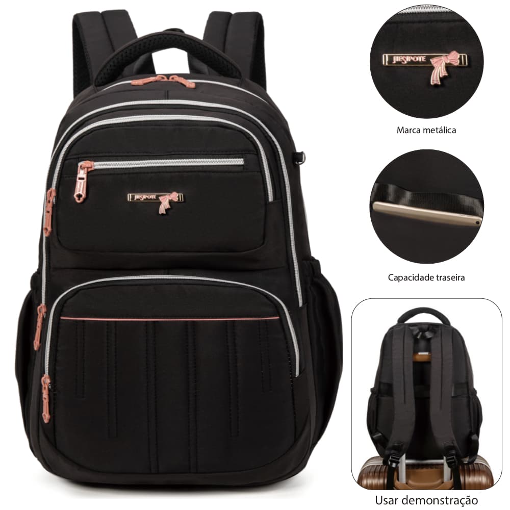 Mochila Multiuso Feminina com Laço Metálico, Múltiplos Compartimentos para Faculdade, Trabalho e Viagens