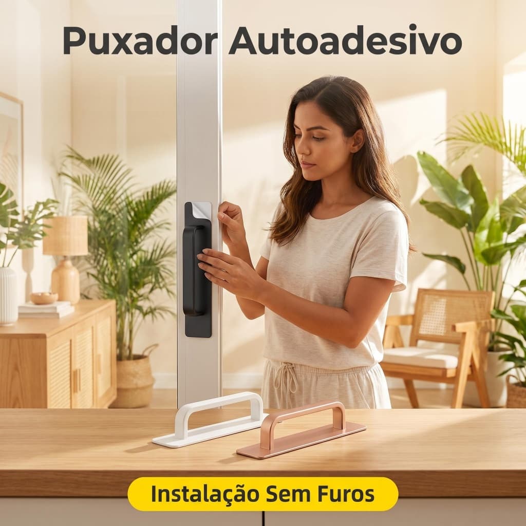 Maçaneta Autoadesiva NAESV Sem Perfuração Botão Push-Pull Fixação Simples