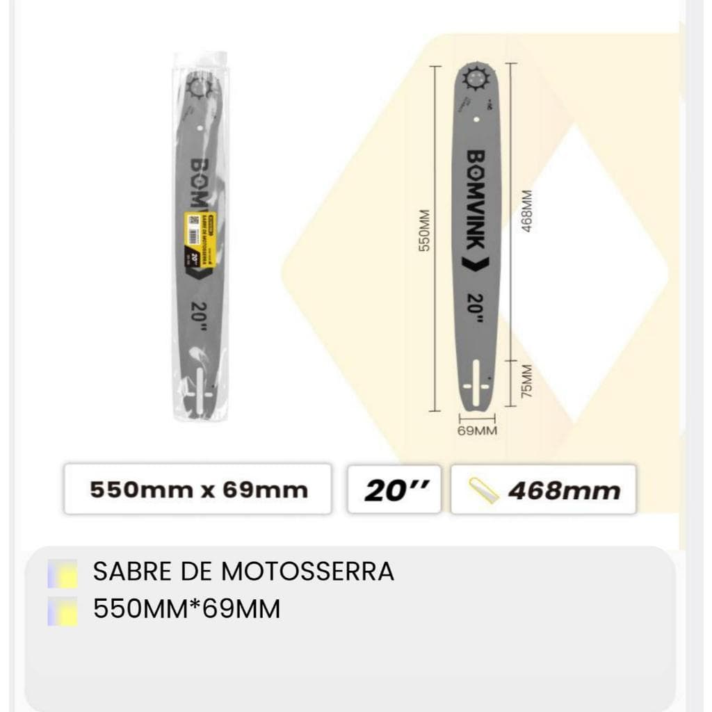 Sabre de Motosserra 20 Polegadas 550x69mm Aço Resistente para Corte de Madeira