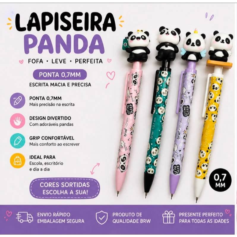 Lapiseira Panda 0.7mm BRW Kawaii Escolar Escritório Fofa 1, 2 e 3 Unidades