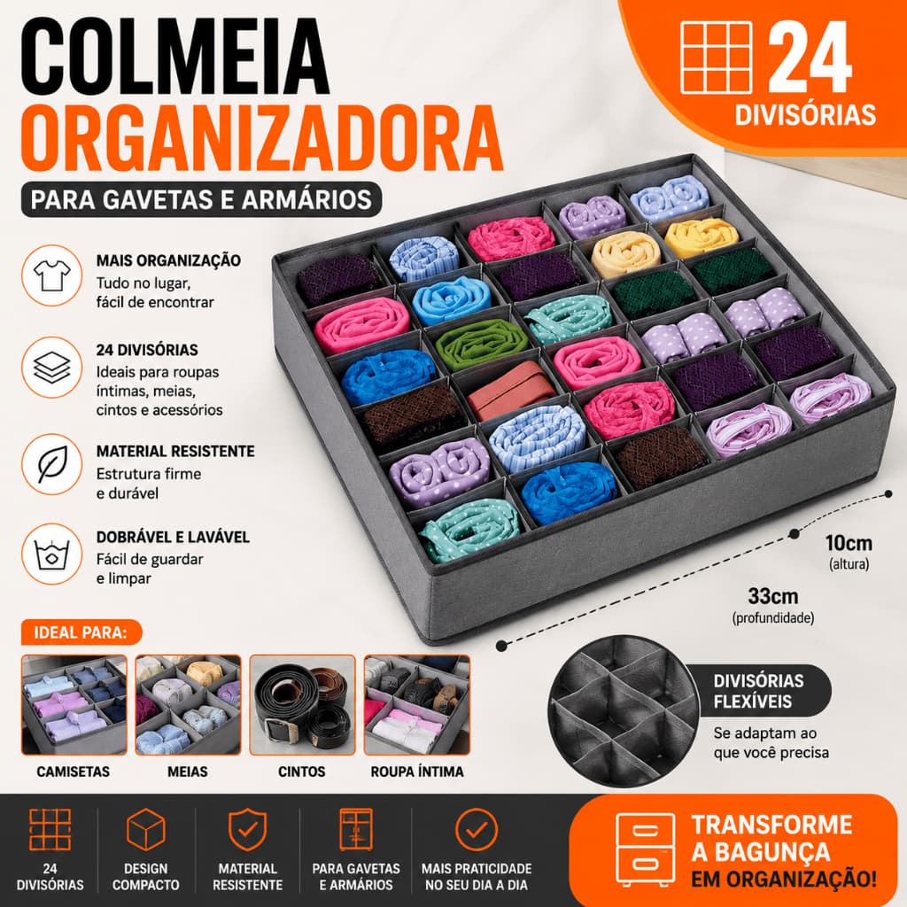 Organizador de Gaveta 24 Nichos Colmeia Dobrável Divisória para Meias Cuecas Maquiagem Cosméticos