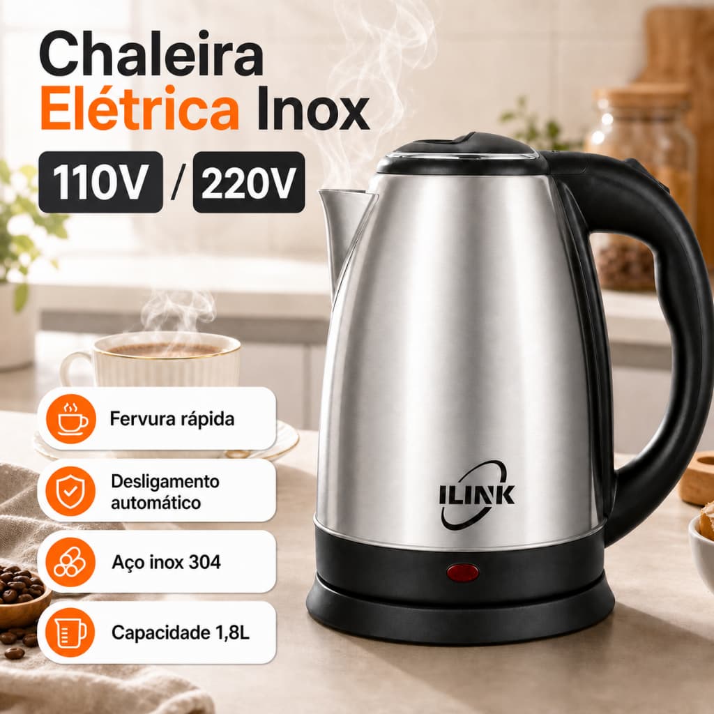 Ilink Chaleira Elétrica Inox 1,8L 110V ou 220V Ferve Água Rápido Base 360° Desligamento Automático