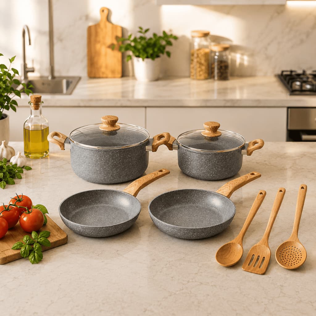 Kit 4 Panelas Cerâmica Antiaderente com 3 Utensílios Indução Fogão Gás Cinza