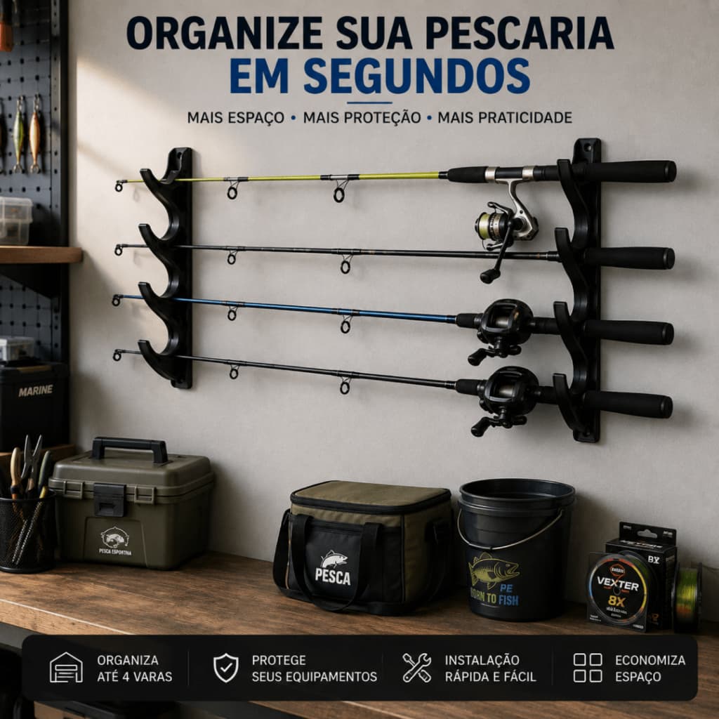 Suporte Parede Vara de Pesca Expoxitor 4 Varas Carretilha Molinete Material de Pesca
