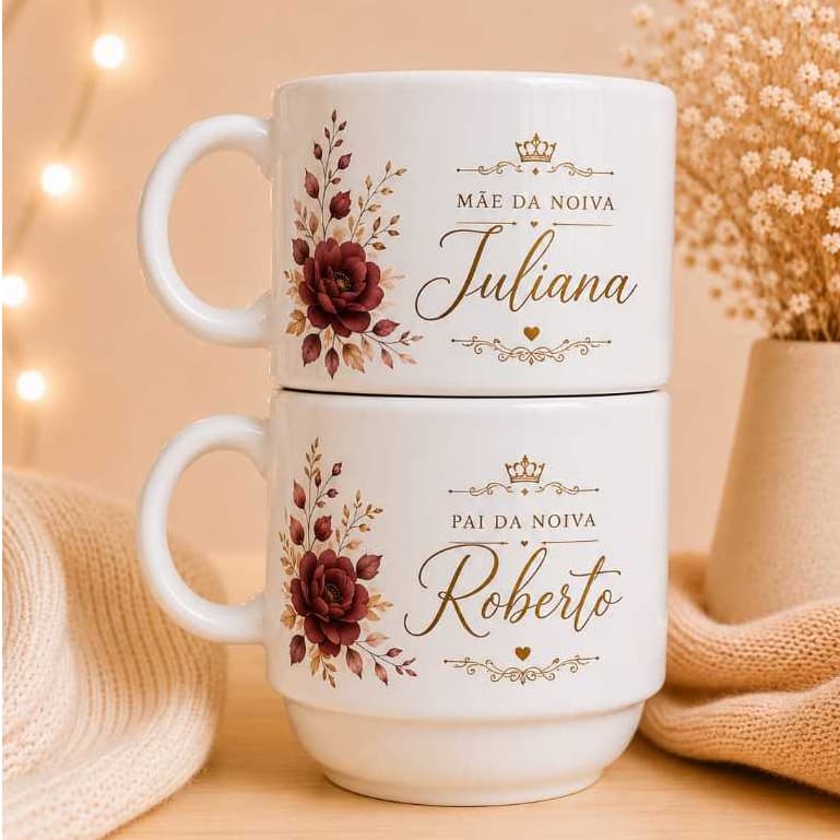 KIT 2 Xícaras Personalizadas 🌹Luxury Marsala🌹180ml Pais dos Noivos | Presente Casamento Porcelana padrinho madrinha