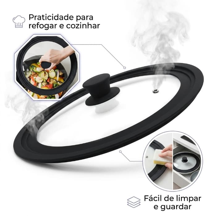 Tampa Universal de Vidro Temperado 19 até 33cm para Panela Frigideira Caçarola Cozinha