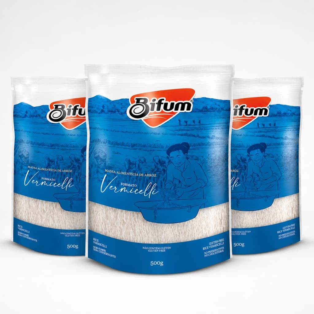 Macarrão de Arroz Bifum Massa Sem Glúten p/ Celíacos Kit 3 Unidades de 500g Sem Conservantes