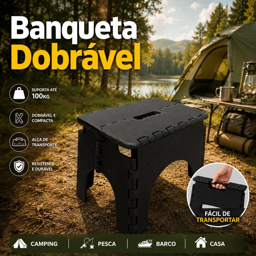 Banqueta Dobrável Portátil Compacto 100kg Plástico Reforçado Camping Pesca Viagem Casa
