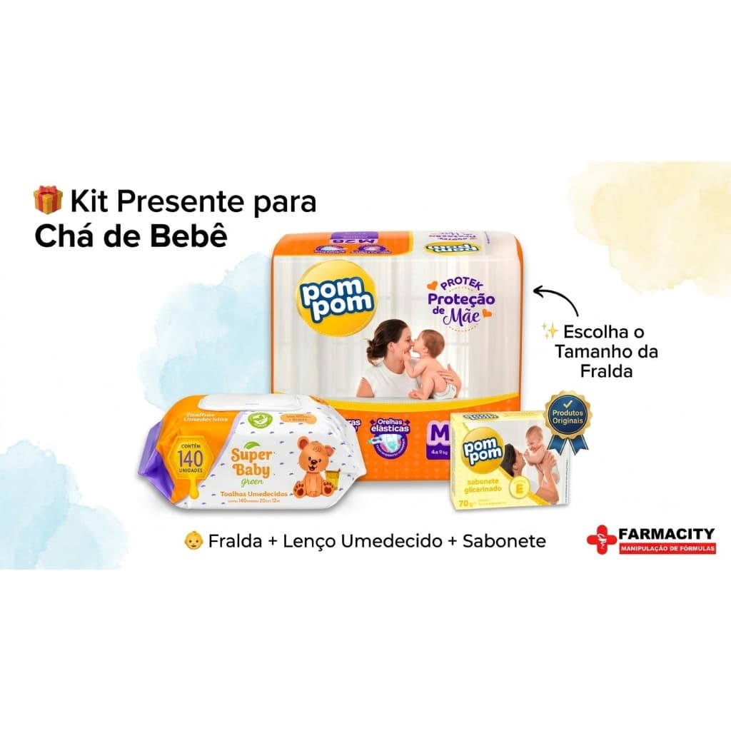 Kit Pom Pom Bebê Fralda Tamanho Escolha + Toalha Umedecida + Sabonete Glicerinado