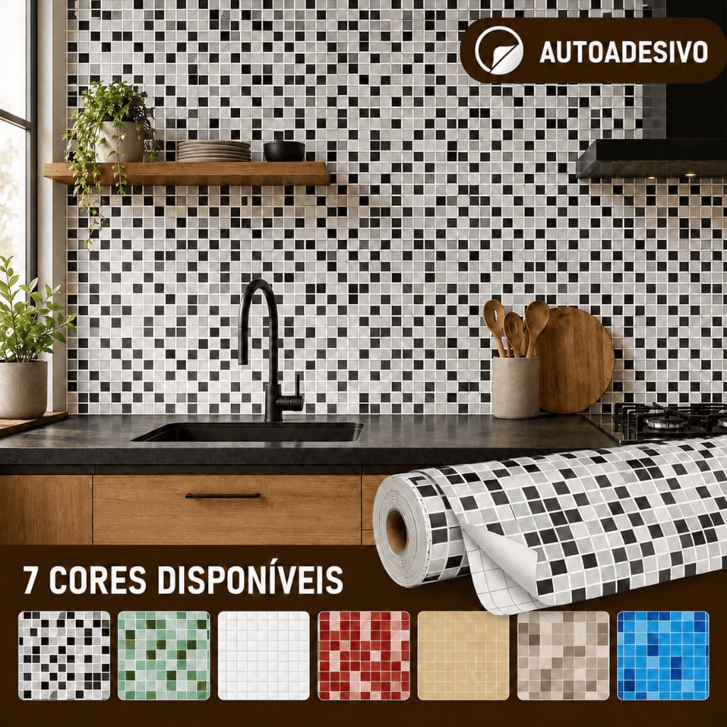 Papel de Parede Adesivo Pastilha 2,5m Autoadesivo Lavável Cozinha Banheiro Decoração 7 Cores