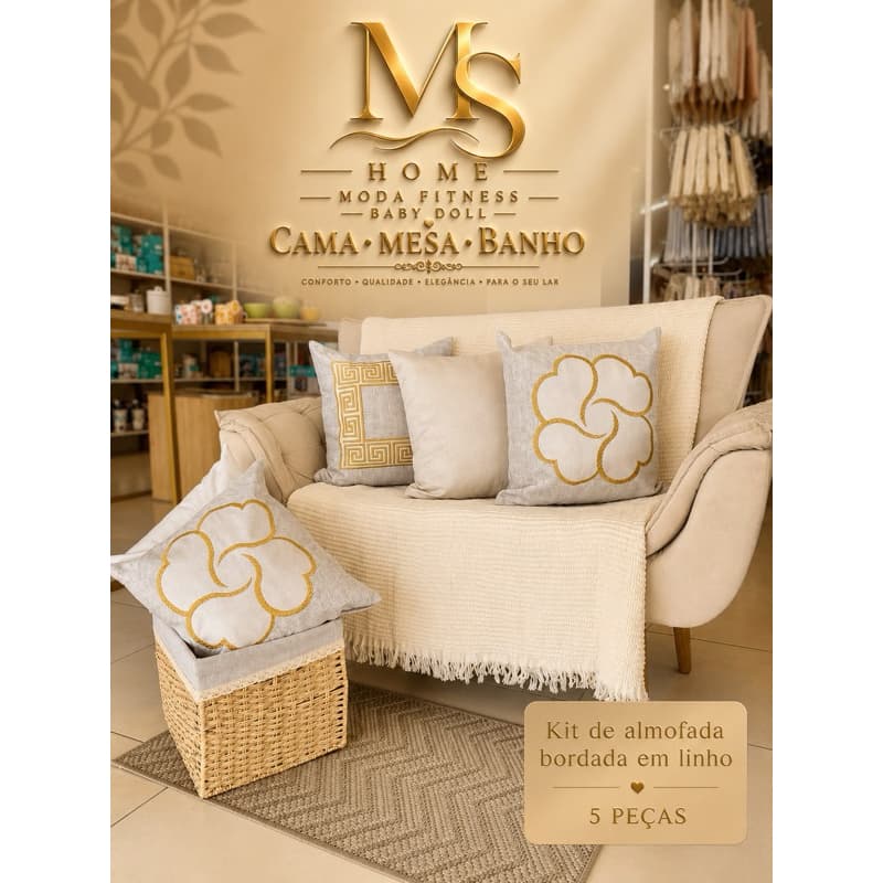kit de almofada em linho bordada com aplicação,5 peças,zíper invisível,tamanho 45x45