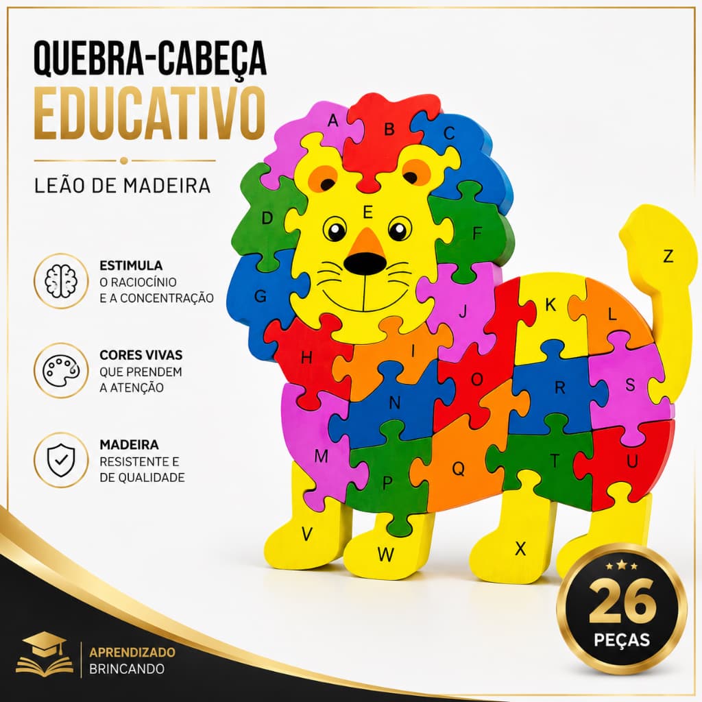 Quebra Cabeça de Leão de Madeira Infantil Educativo Montessori Com 26 Pçs Brinquedo Didático animal