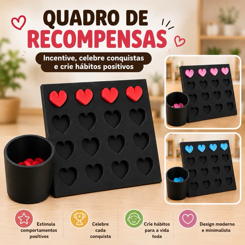 Quadro de Recompensas Infantil Montessori | Incentivo Positivo | Rotina e Hábitos | 16 Corações