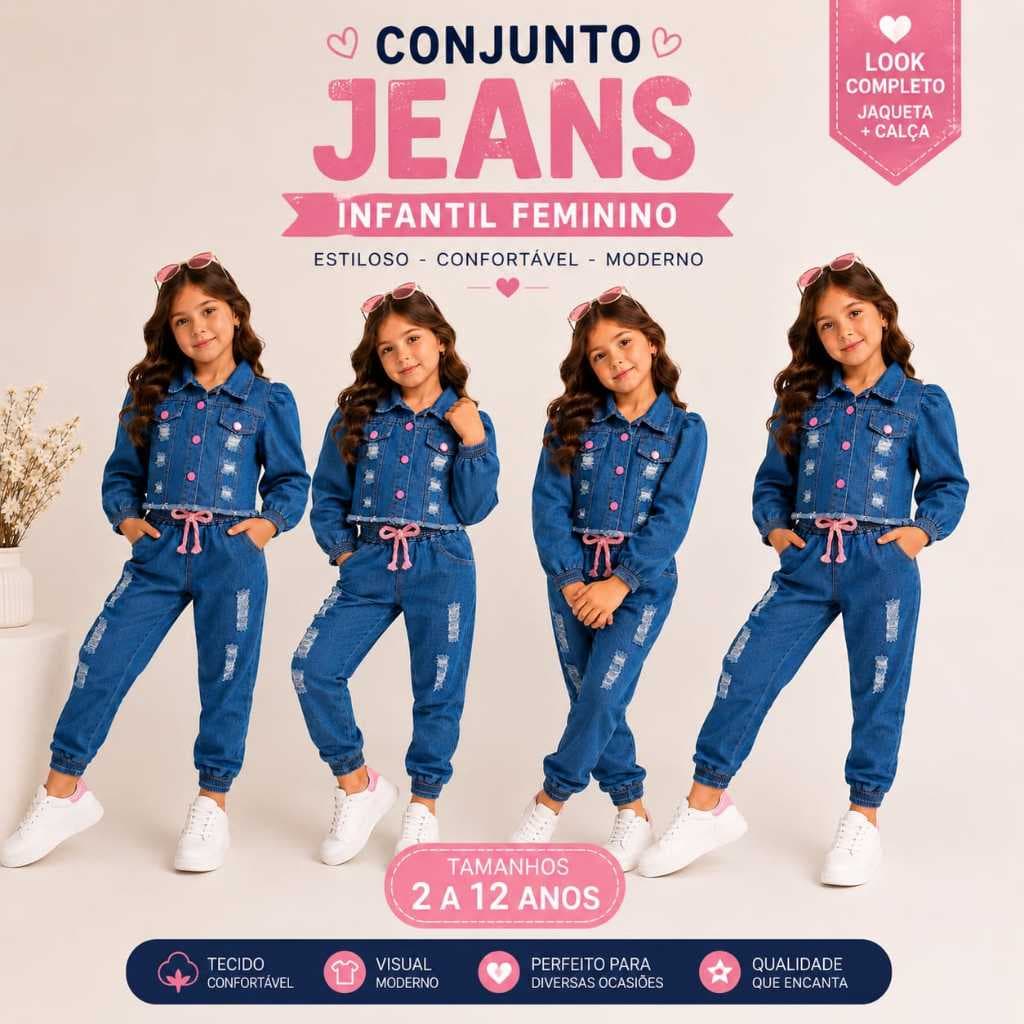 Conjunto Jeans Infantil Feminino Jaqueta e Calça Jogger Blogueirinha Moda Menina Tam 2 ao 12 Anos
