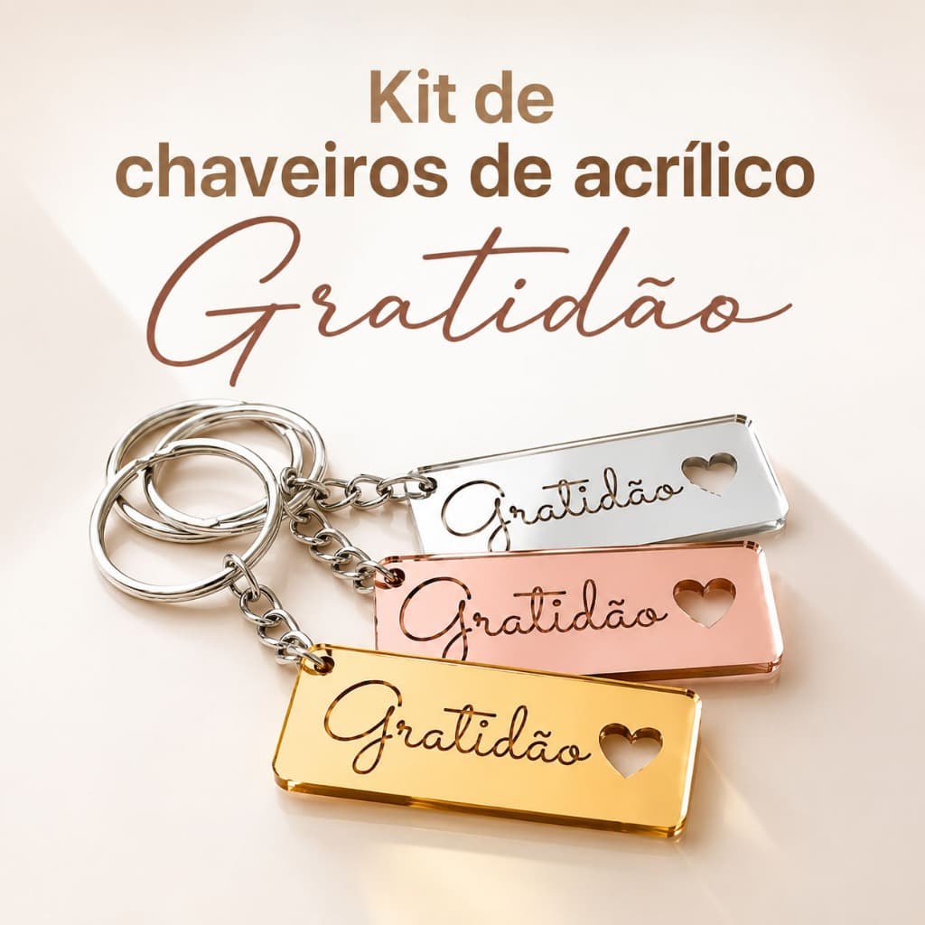 Kit de Chaveiros Gratidão Com Coração de Acrílico Espelhado | Lembrancinhas para festas e Colaboradores