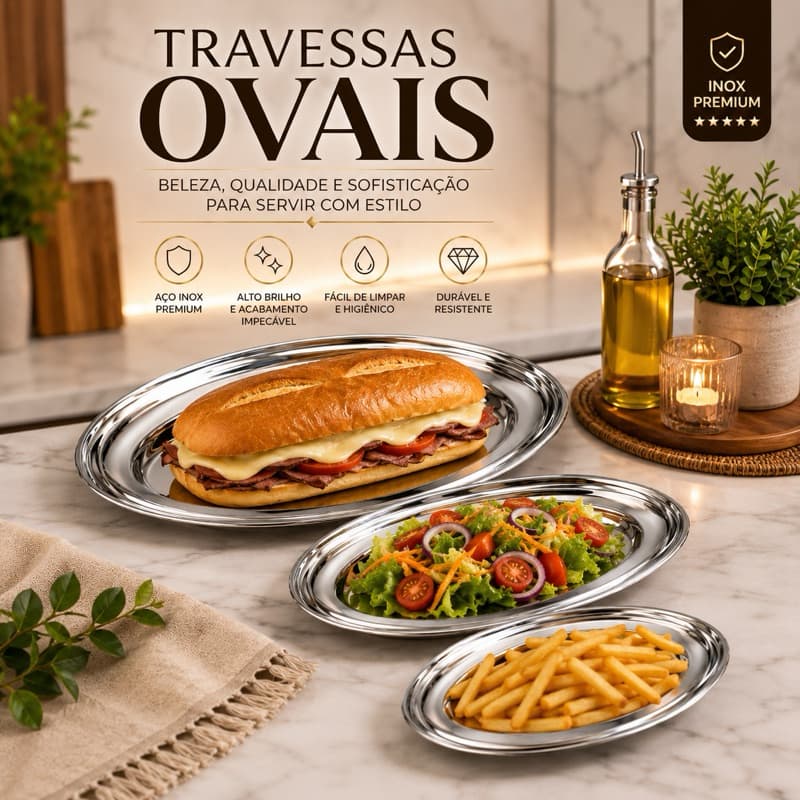 Conjunto de Travessas Ovais em Aço Inox – 3 Peças para servir