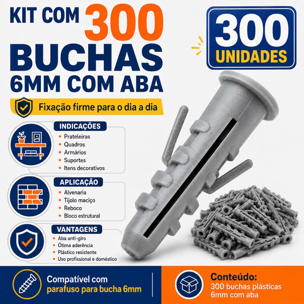 Kit 300 Buchas 6mm com Aba Plástica Alta Fixação
