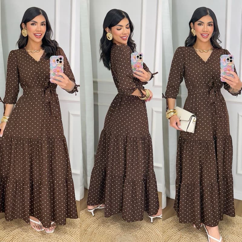 Vestido longo evangélica manga 3/4 crepe seda M G GG Estampa bolinhas