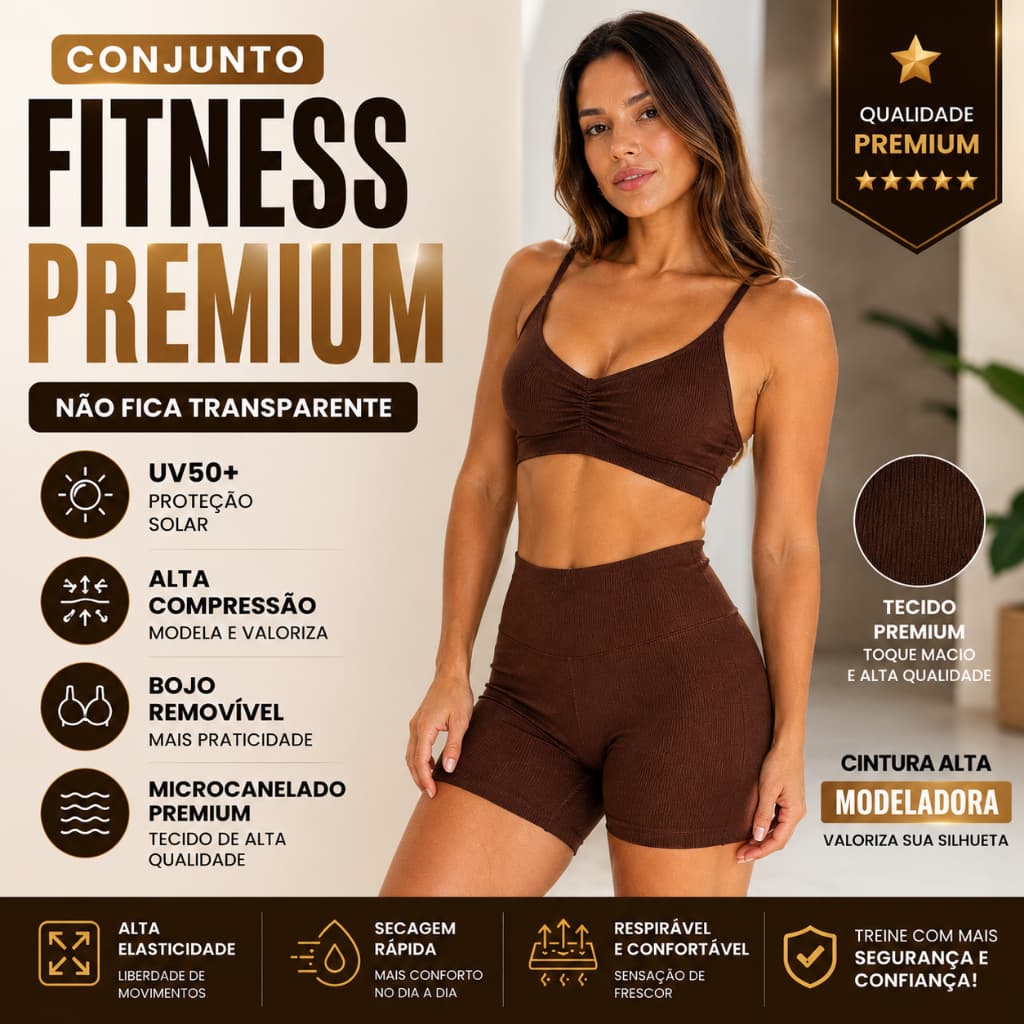 Conjunto fitness academia micro canelado shine top franzido com bojo removível + short compressão 28