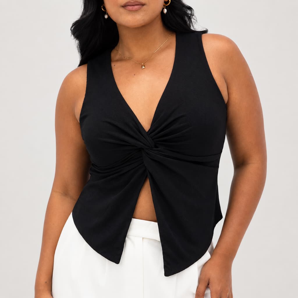 Blusa Feminina Torção Frontal Regata Canelada Premium Decote V Elegante Casual