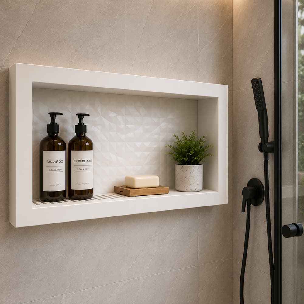 Nicho Box 63x33 Organizador Branco Porta Shampoo Moderno para Banheiro Organizador de Parede Fácil Instalação
