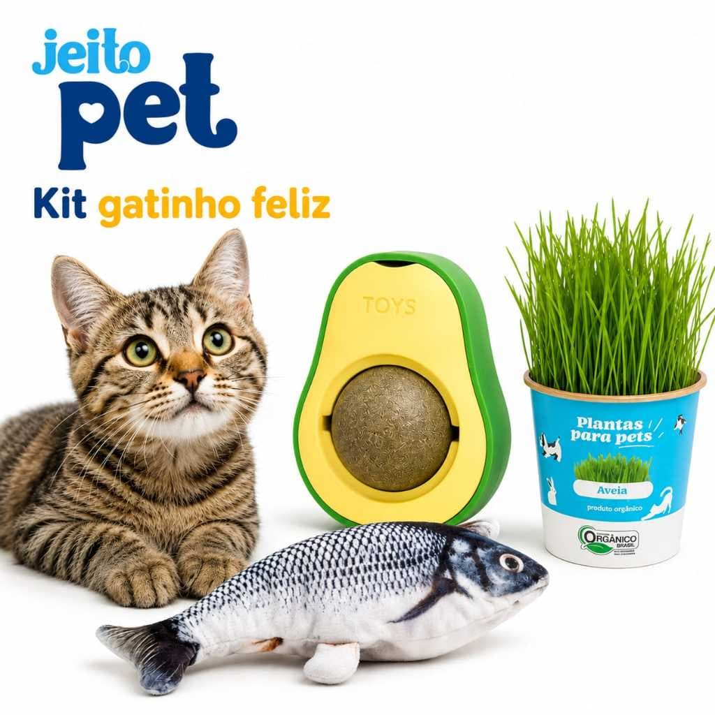 Kit Gato Feliz Peixe Elétrico + Abacate de Catnip + Graminha Orgânica