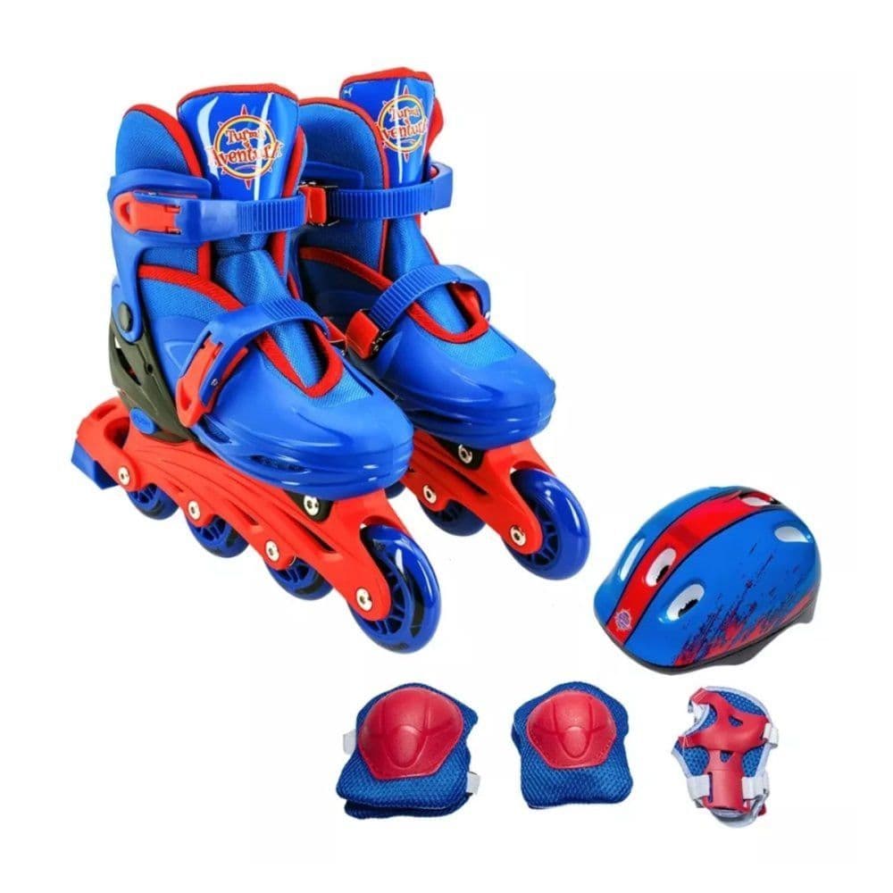 Kit Patins Infantil Ajustável Azul Tam. 30-33 com Capacete Joelheiras Cotoveleiras e Protetores de Punho