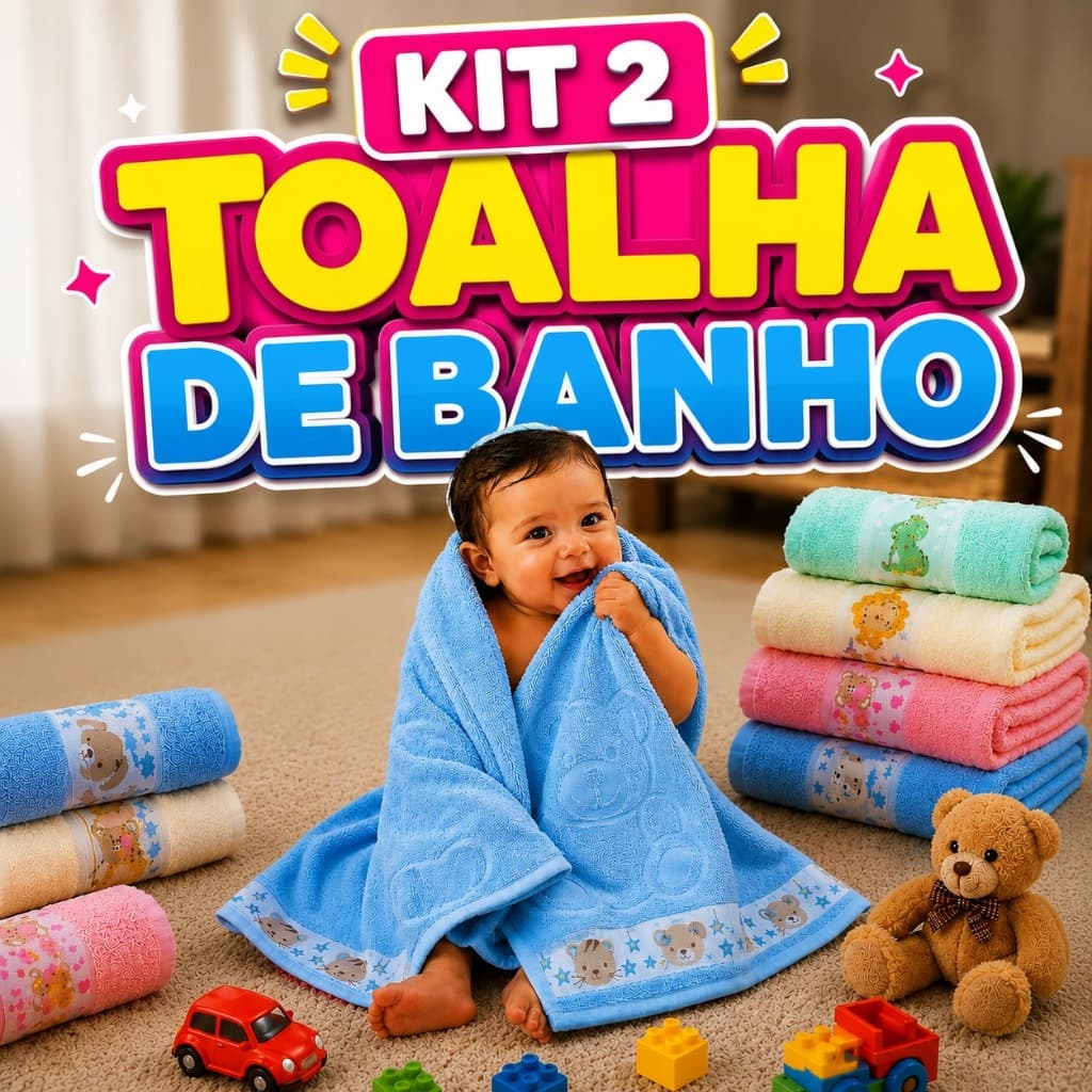 Kit 2 Toalhas de Banho Kids Infantil Bebê e Criança 100% Algodão Macia Secagem Rápida Para Bordar
