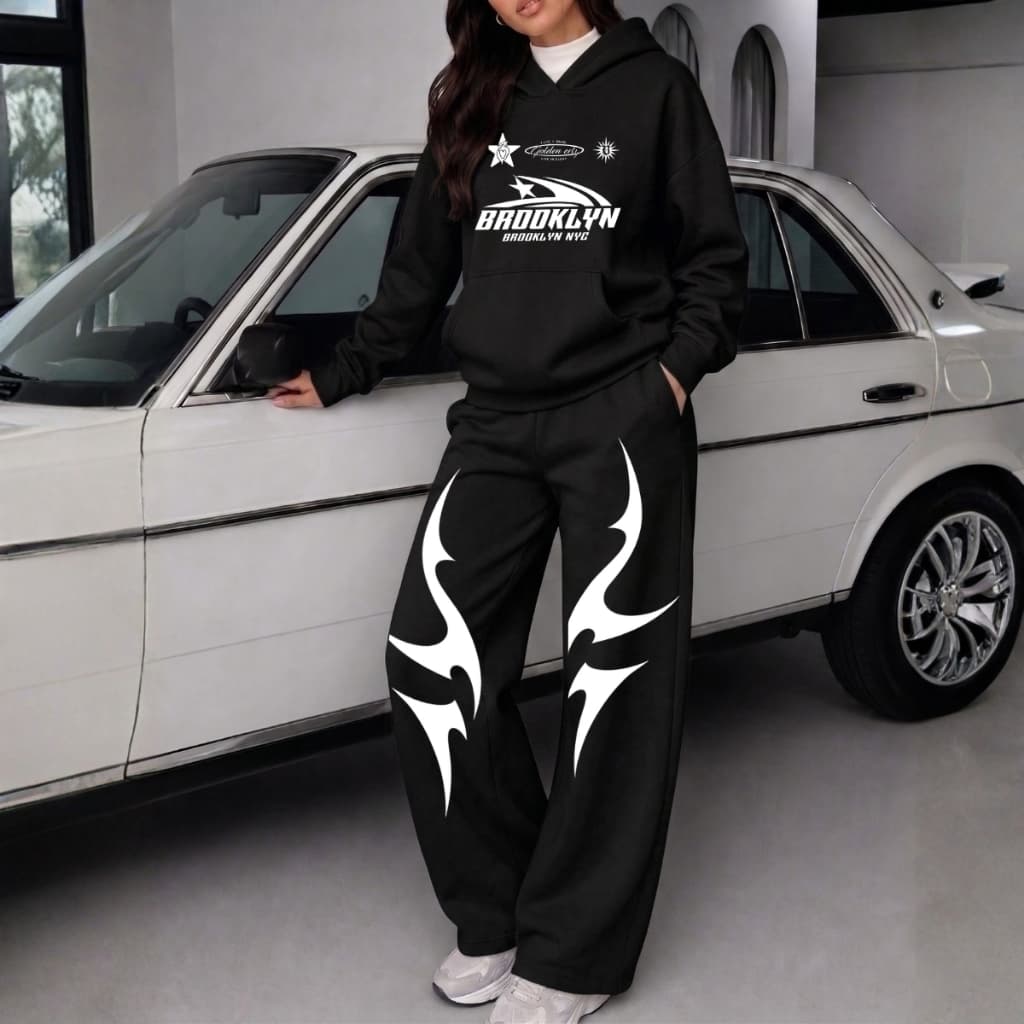 Conjunto Feminino Brooklyn Speed Y2k Aesthetic Moletom Inverno Ajustavel Larga Oversized