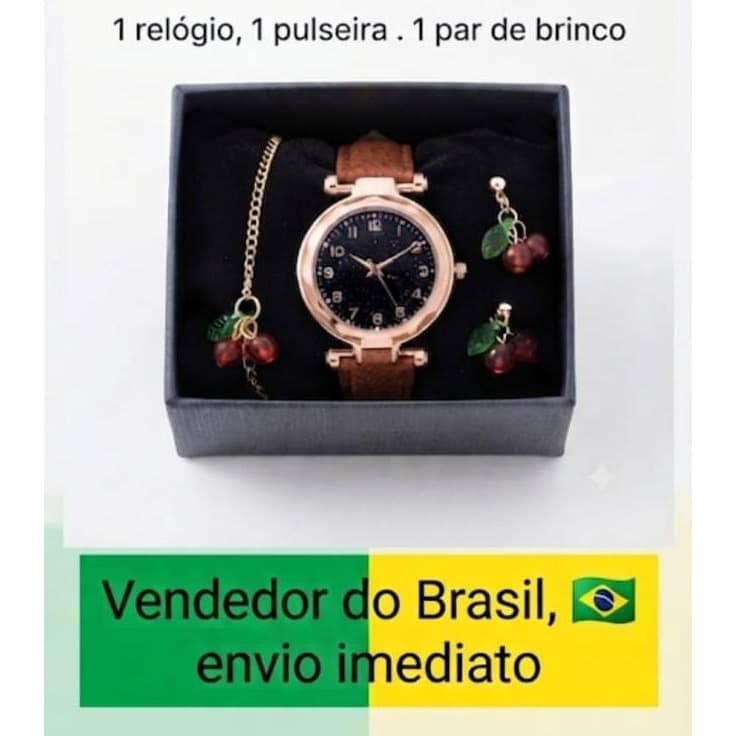 Kit Presente Feminino Relógio  Brinco e Pulseira Cereja + Caixinha (Envio Imediato,estoque e vendedor  no Brasil