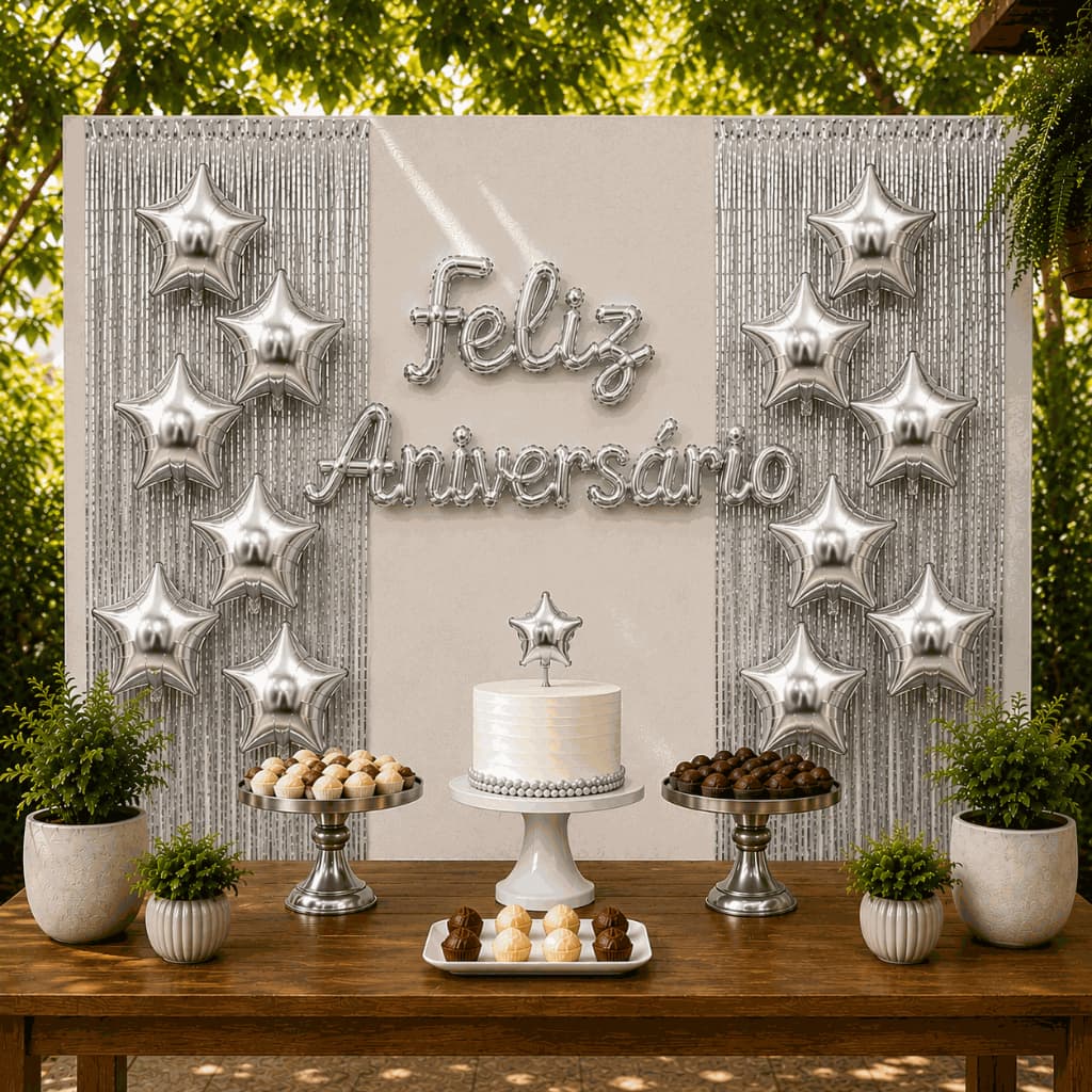 Kit Decoração Metalizado Festas Aniversários Balões Cortinas Metalizadas