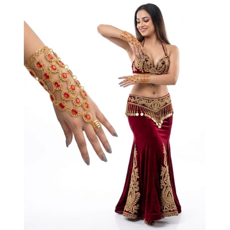 par de pulseiras com Anel Regulável Pedras Vermelhas Acessório para Dança do Ventre Feminino