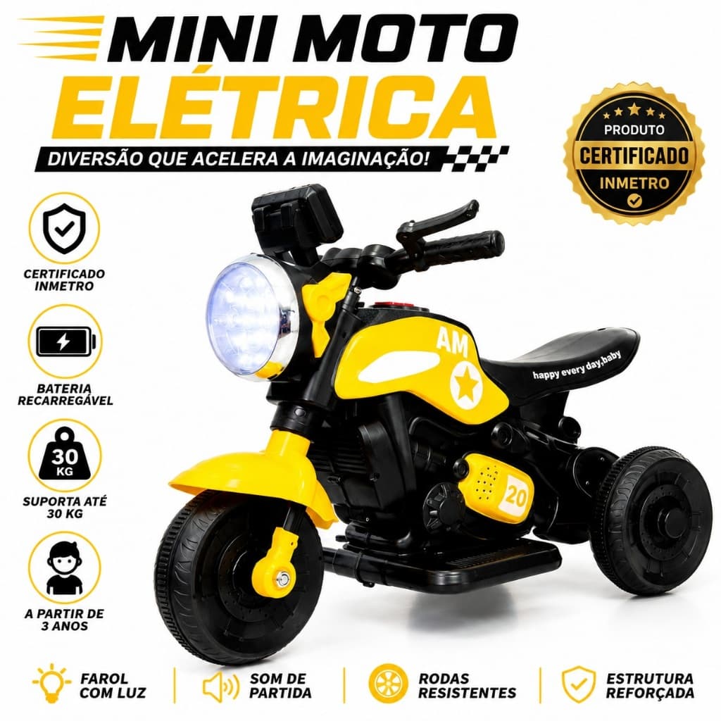 Mini Moto Elétrica Infantil Amarela 3 Rodas Recarregável Com Luz Até 30kg
