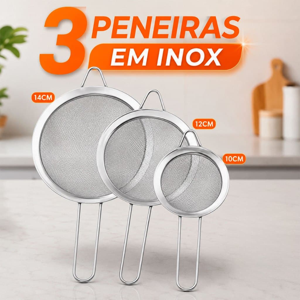 03 Peneiras Coador Em Aço Inox 3 Tamanhos 10cm 12cm 14cm Para Cozinha Manual
