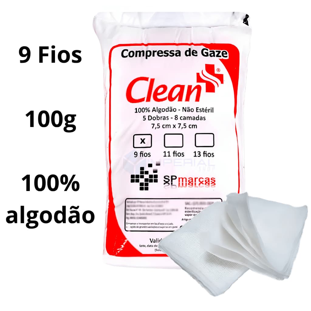 Compressa de Gaze Clean 9 Fios 100g 100% Algodão Hidrófila 7,5x7,5 Não Estéril