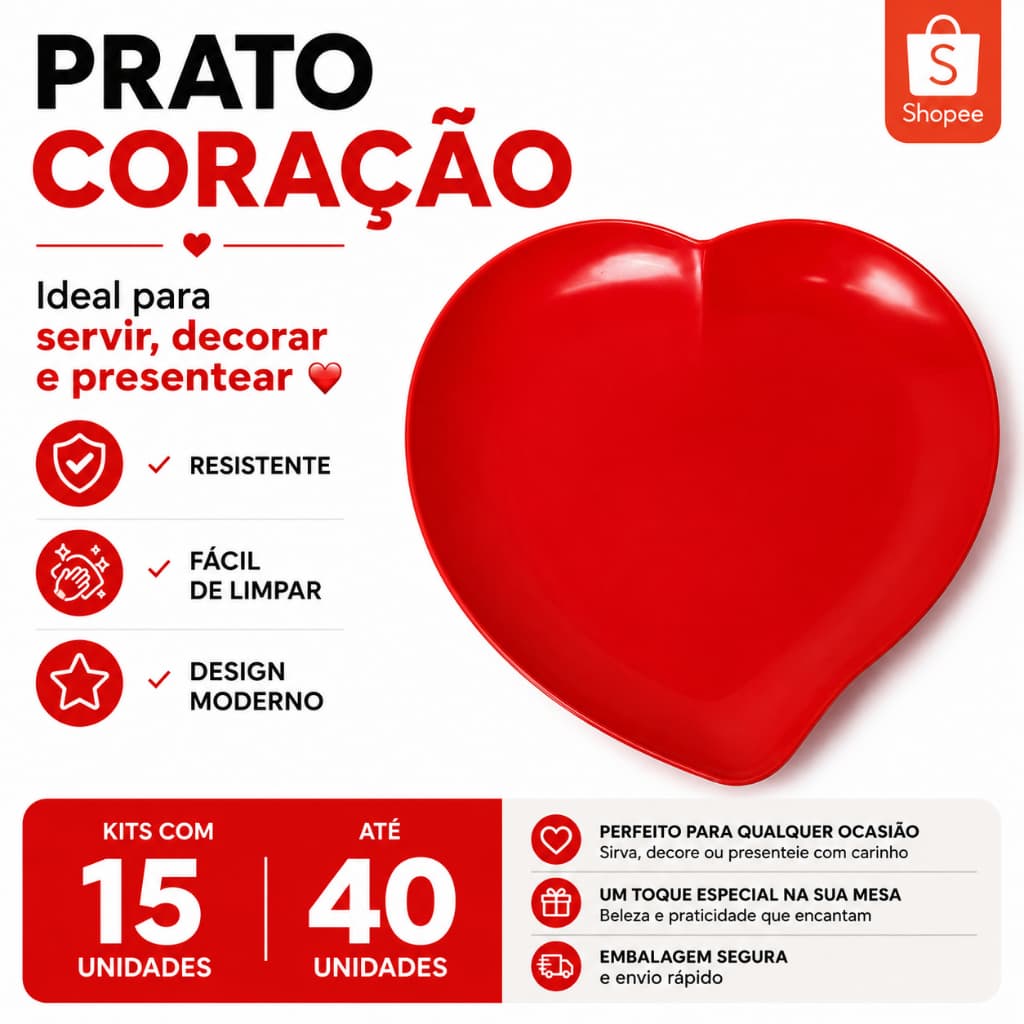Kit 15 a 40 Bandejas Coração de Plástico  Decorativo Festa Petisqueira com Opção de Divisórias Atacado