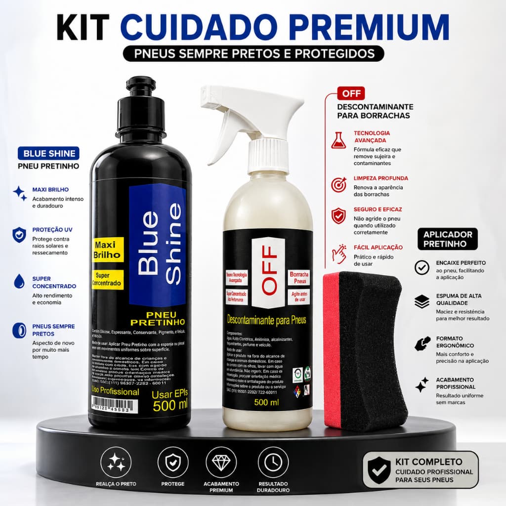 Kit Pretinho Blue Shine 500ml + OFF Descontaminante para Borrachas 500ml + Aplicador de Pretinho