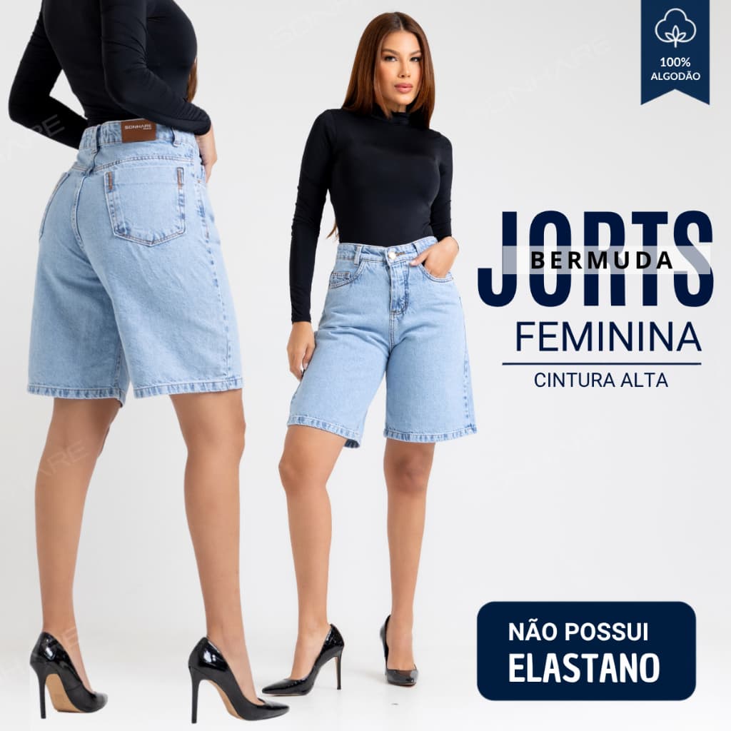 Bermuda Jeans Feminina Jorts 100% Algodão Cintura Alta Comprida Premium Casual Moda Gringa