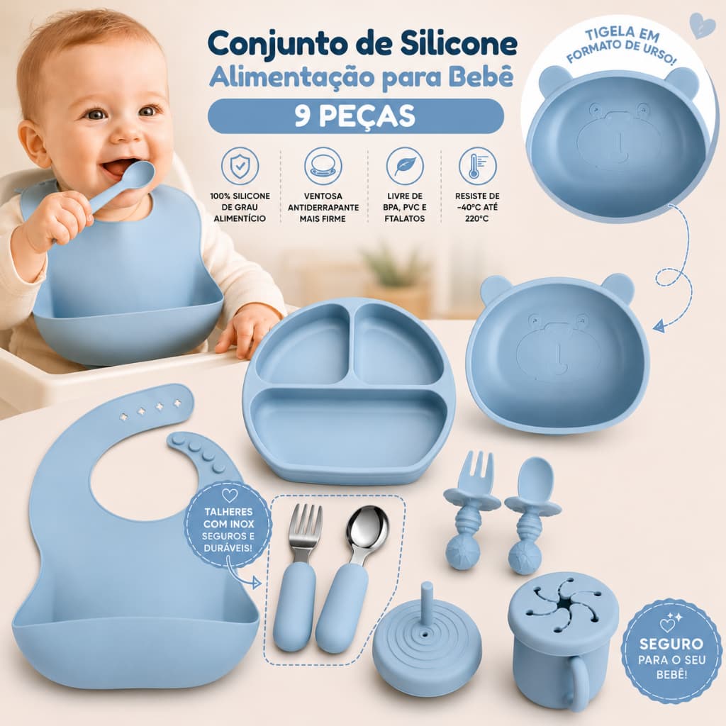 Kit Alimentação Infantil 9 Peças Bebê Tigela Ursinho, Talheres Inox, Prato Silicone com Ventosa, etc