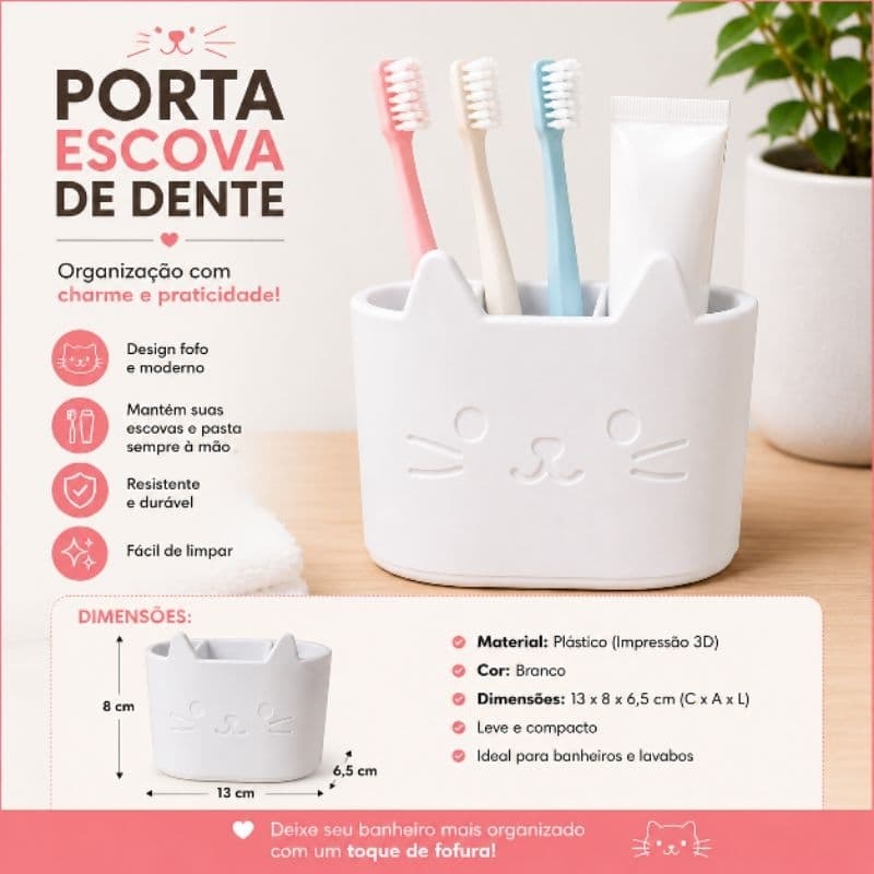 Porta Escova de Dente Gatinho | Suporte Fofo para Banheiro, Organizador de Pia para Escova e Pasta, Decoração Infantil,