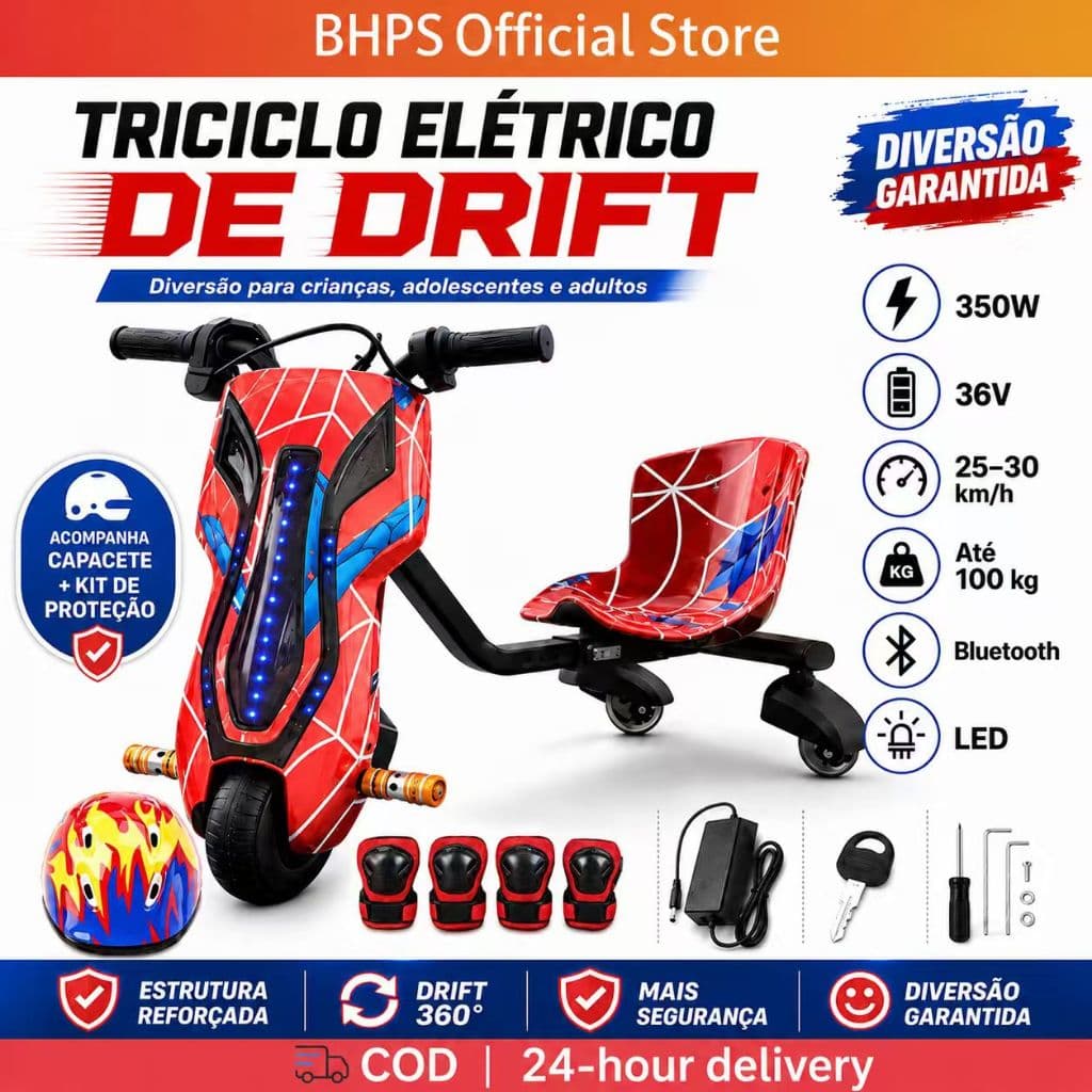 Triciclo Elétrico Drift Infantil 350W 3 Velocidades Luzes LED Bluetooth Amortecedor Proteção Anti-Queda Meninos e Menina