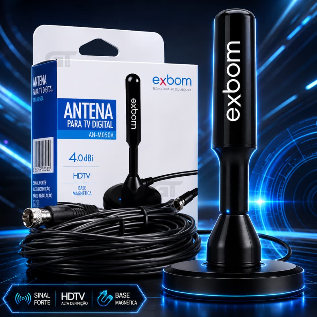 antena digital interna, externa 4DBI base magnetica 5 metros HDTV, VHF, UHF e FM - Exbom