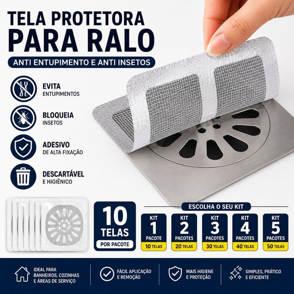 Tela Protetora Para Ralo Adesiva Descartável Anti Entupimento Anti Insetos Kit 10 Telas 1 2 3 4 5 Pacotes