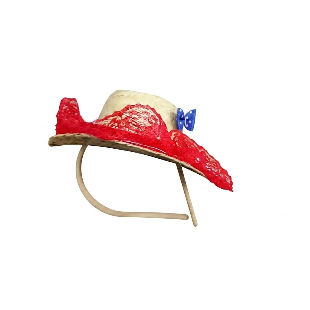 Tiara Festa Junina Mini Chapéu de Palha com Renda Vermelha e Laço Azul – Arraial