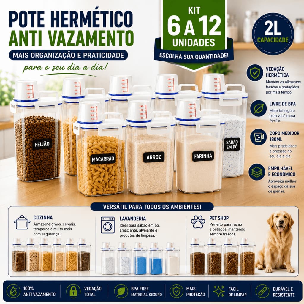 - Pote Hermético 2 Litros 6 a 12 Unidades Anti Vazamento Copo Medidor Organizador Mantimentos BPA Free