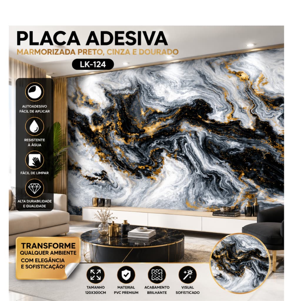Placa Adesiva Marmorizada Branco Preto e Dourado 120x300cm Papel de Parede Autoadesivo PVC Lavável Revestimento