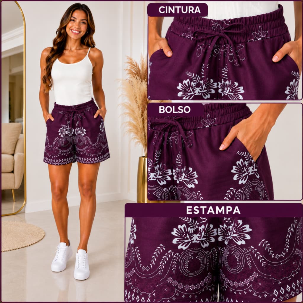 Short Feminino Crepe Estampado e Liso Bolso Lateral Cintura Alta com Elástico Casual Confortável