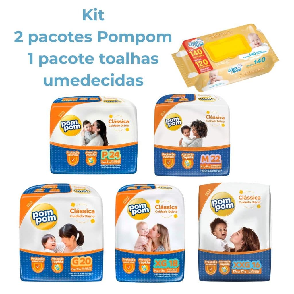 Kit 2 Pacotes Fralda Pompom Classica + 1 Pacote Toalhas Umedecidas Upa Bebê - Escolha o Tamanho