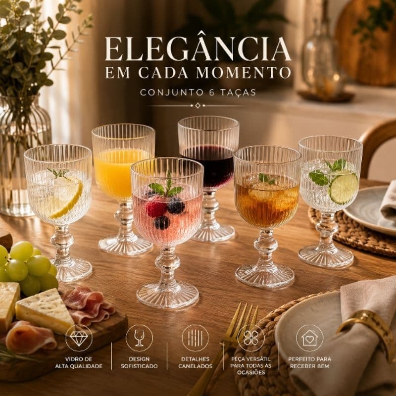 Conjunto 6 Taças Vidro 380ml Elegantes Resistentes Alta Qualidade Decorativa Enxoval Festa Casamento Premium